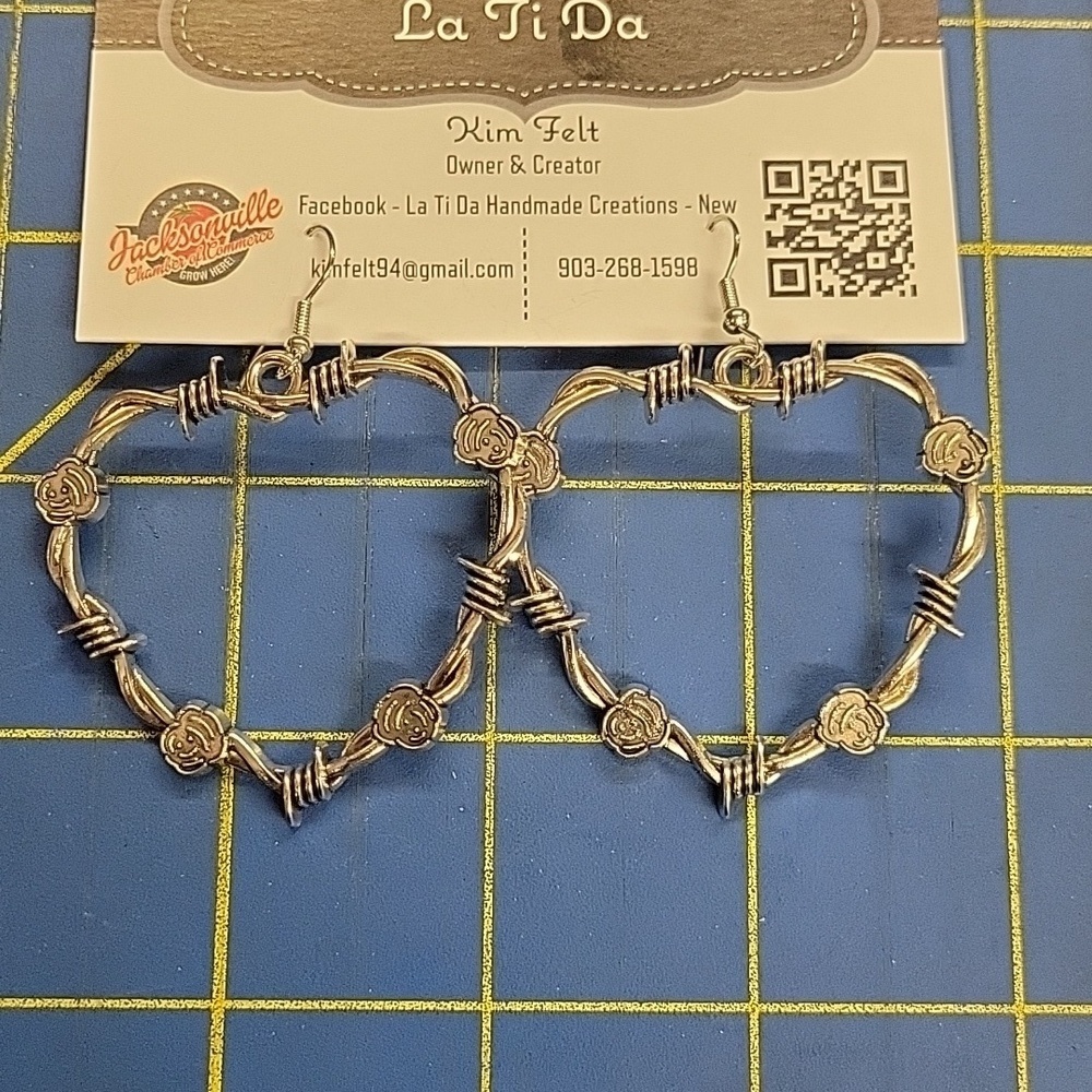 Barb Wire & Roses Heart Shaped Dangle 2" Earrings